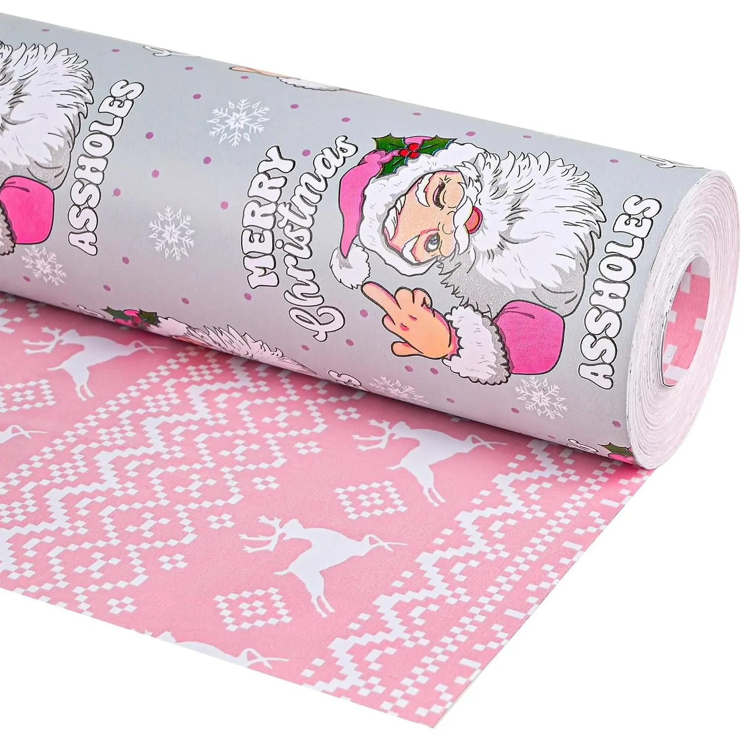Funny Santa Grey Reversible Christmas Wrapping Paper Roll - 17x16.5ft, for Adults (Office Stationery & Gift Wrapping Supplies)