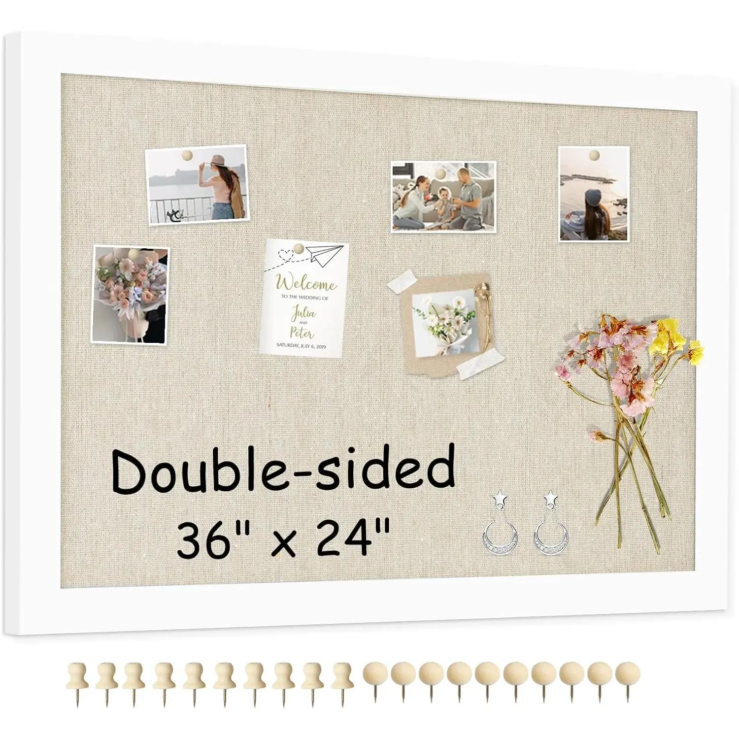 Double-Sided  Framed Cork Board with Linen, 36" x 24" |  Large Bulletin Board, Picture Display Vision Board Kit Corkboards for Wall Room School Office Decor, 20 Pushpins