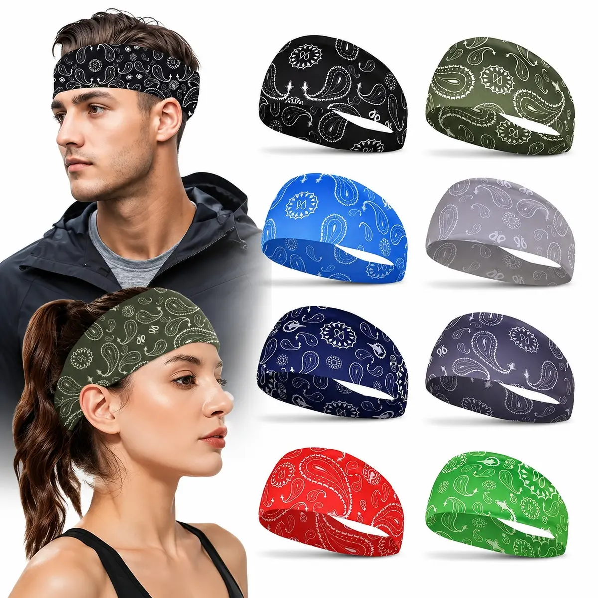 Classic Paisley Bandana Print Headbands, Non Slip Moisture Wicking Wide Sports Headbands, Stretchable Unisex Boho Head Wraps for Running Yoga Gym Music Festival Daily Wear Men Women