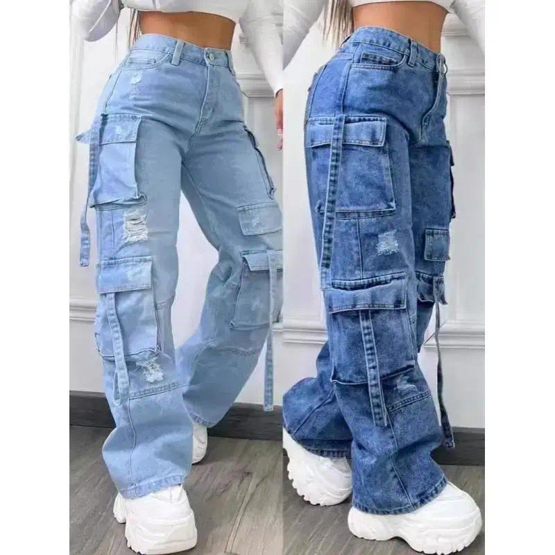 2026 New Fashionable Solid Color All-Matching plus Size High Waist Multi-Pocket Leisure Cargo Denim Trousers for Women Pants Jean
