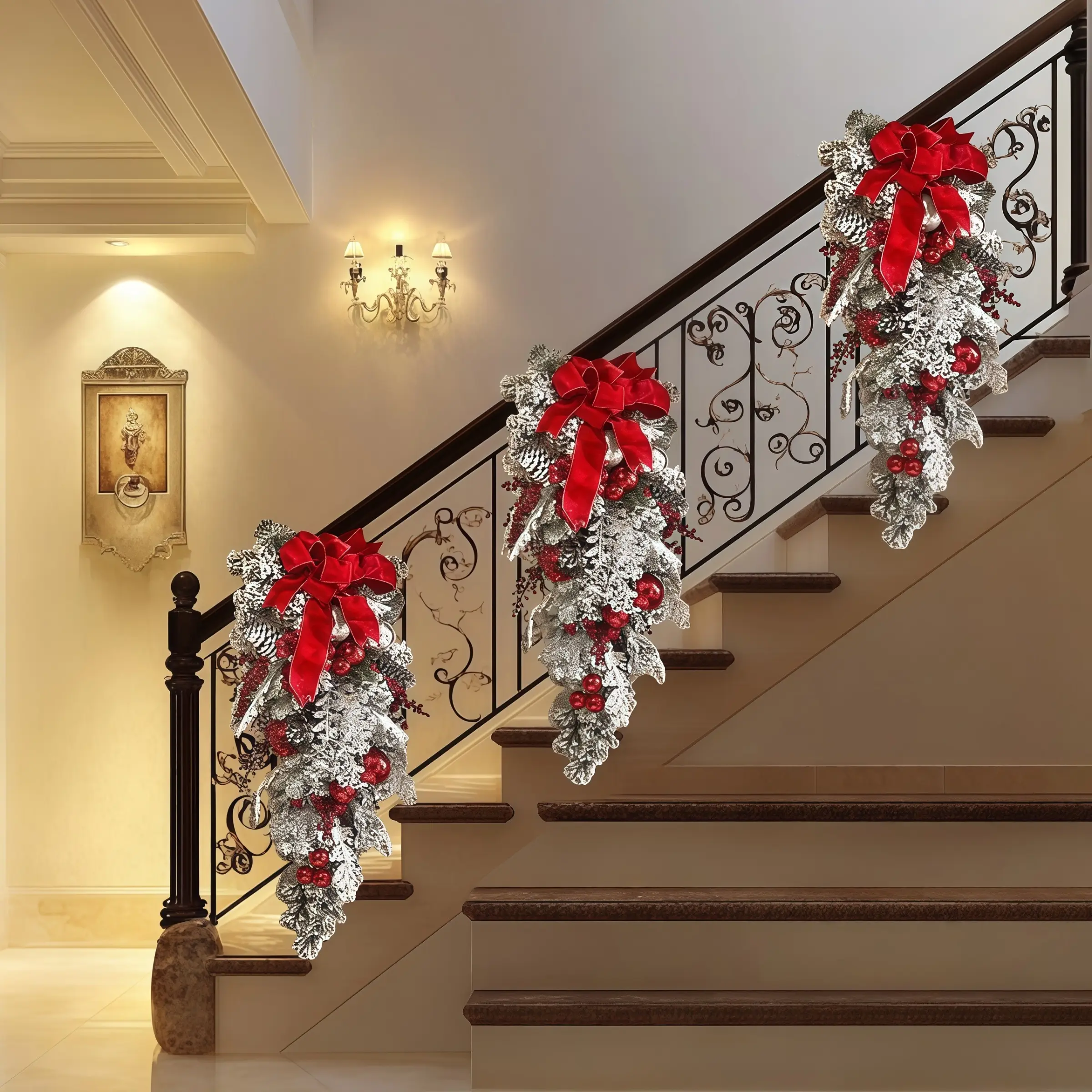 1pc，Christmas Decorations, Pre-Lit Artificial Teardrop Wreath, Staircase Handrail Wall Window Decoration, Pine Needles Berries