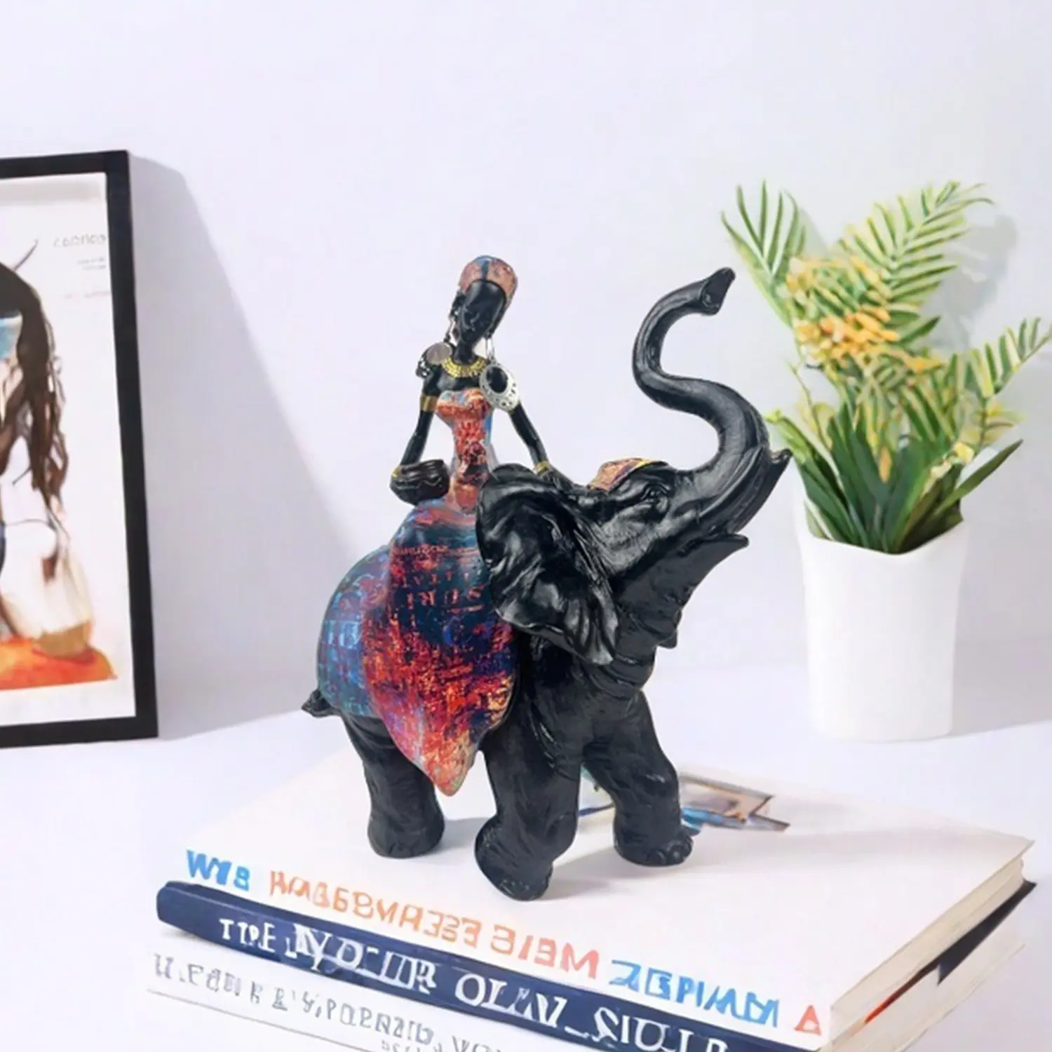 African Design Colorful Elephant & Tribal Lady Figurines with Traditional Totem Patterns, Artistic African Animal & Women Sculptures, Decorative Statue & Organizer for Home, Table, Living Room and Office Desktop Decoration
