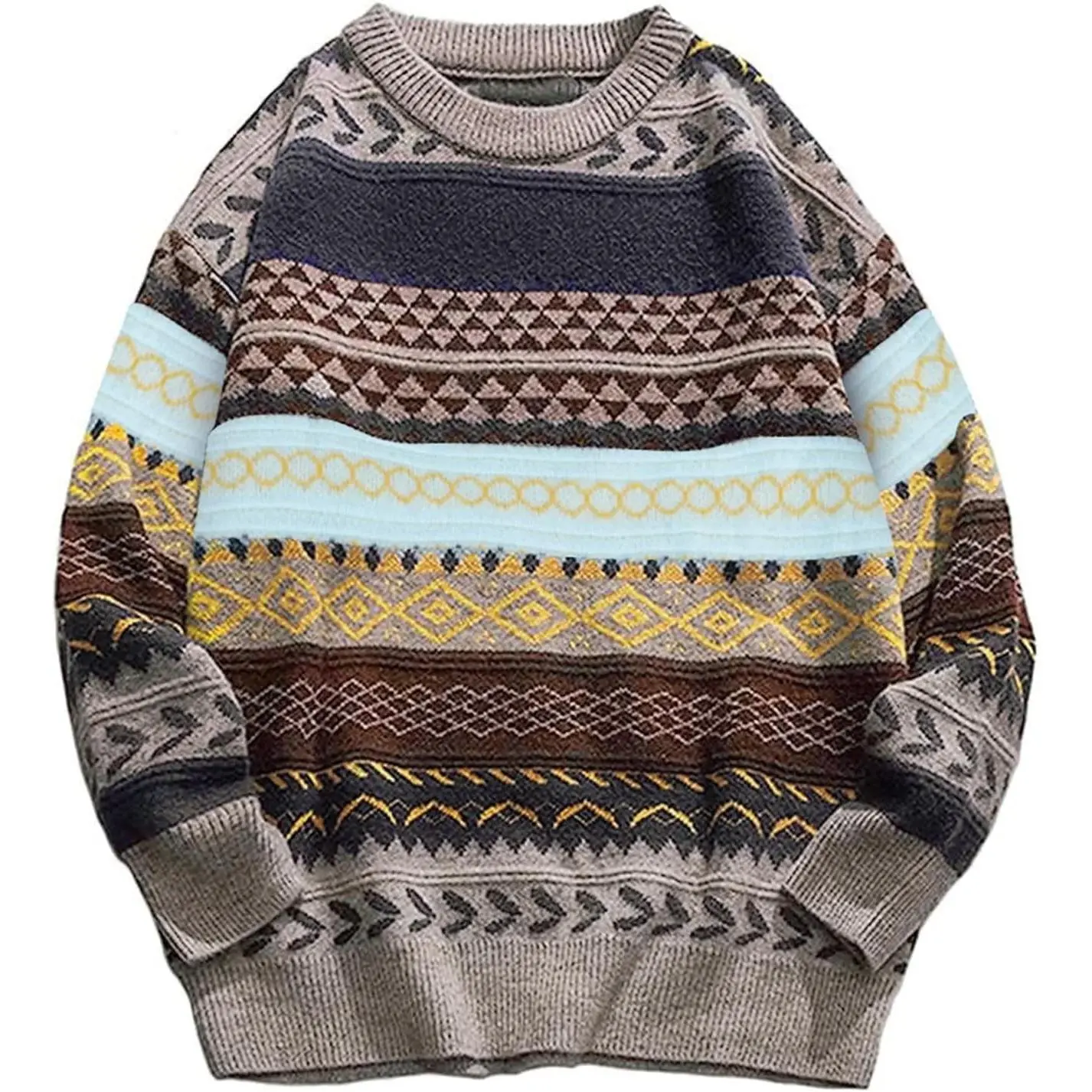 Men's Vintage Grandpa Sweater Crewneck Oversized Striped Aztec Cable Knit Pullover Unisex Jumper Tops