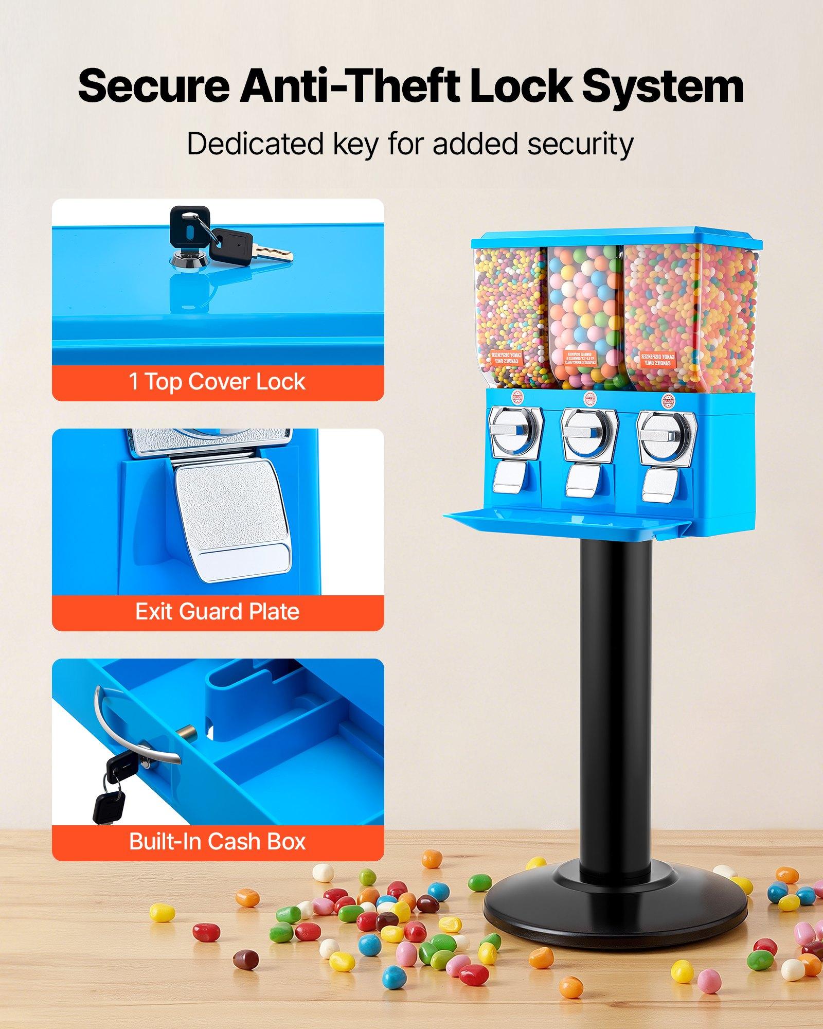 VEVOR Candy Vending Machine, Triple Compartment Candy Vending Machine with Stand, Gumball & Candies Vendings Machines with Built-In Cash Box, Detachable, Vintage Candies Dispenser for Shops, Arcades