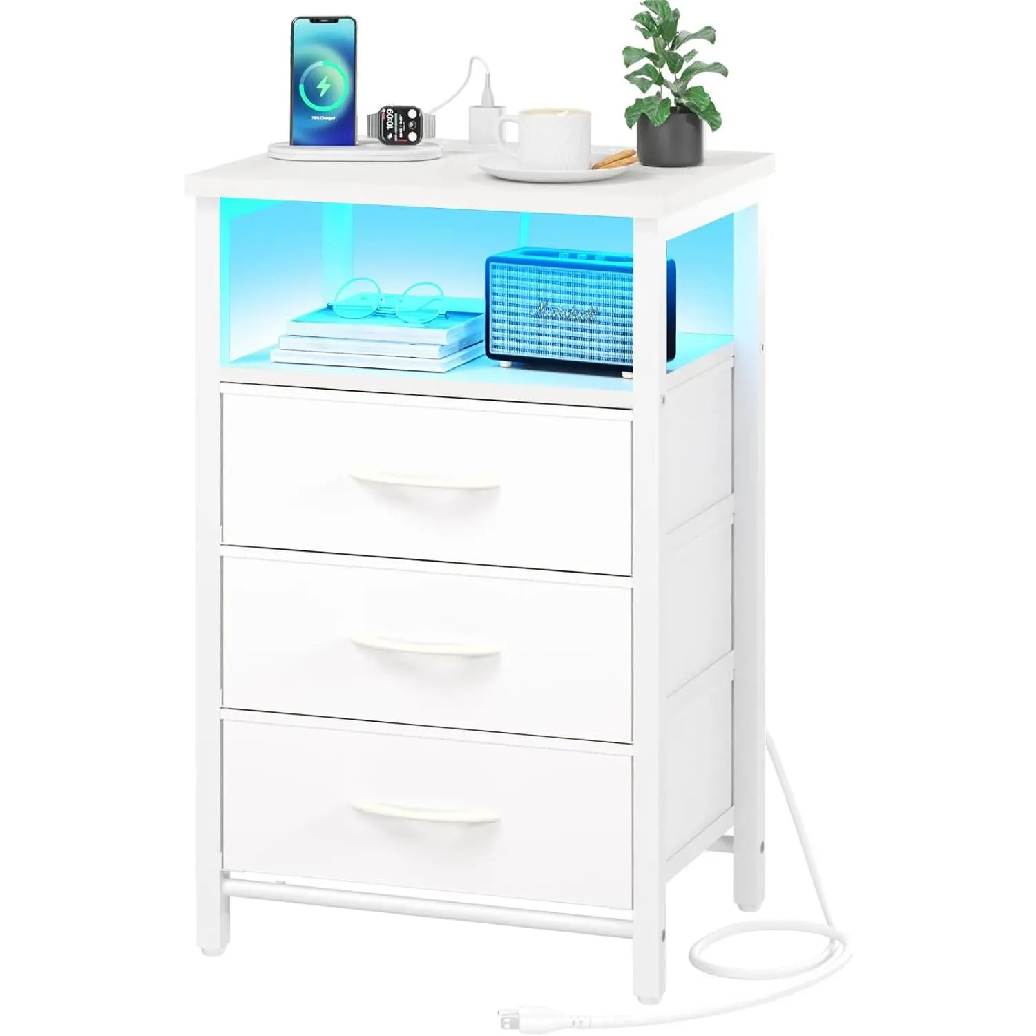Night Stand with  Station, 16 Colors LED Nightstand with USB Ports and Outlets, End Table with 3 Fabric Drawers and Storage Shelf, Bedside Tables Small Dresser for Small Space White