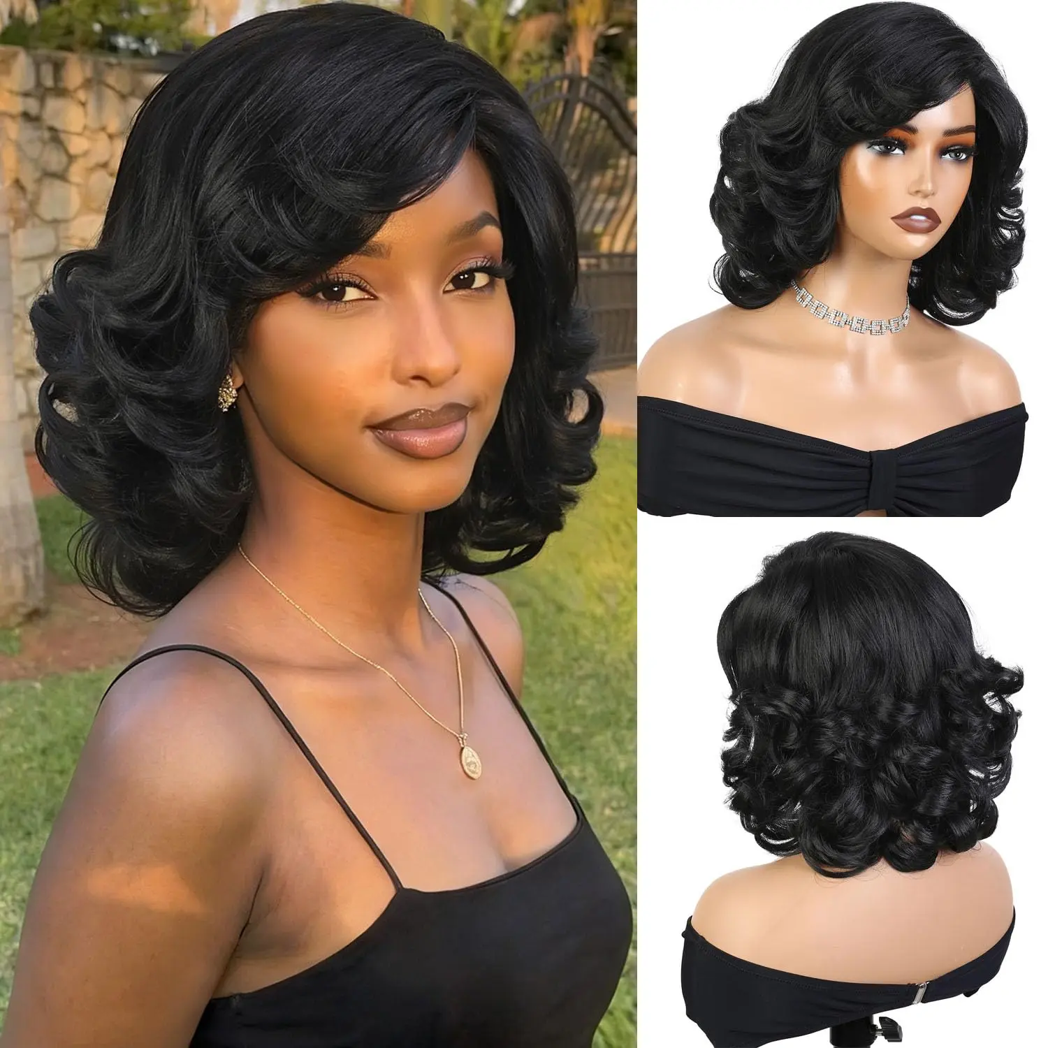 Short Curly Wigs For Black Women Black Bob Wig with Bangs Side Part | 12 Inch Pre Cut Layered Flip   to Go Synthetic Wig Heat Resistant Hair for Daily Use