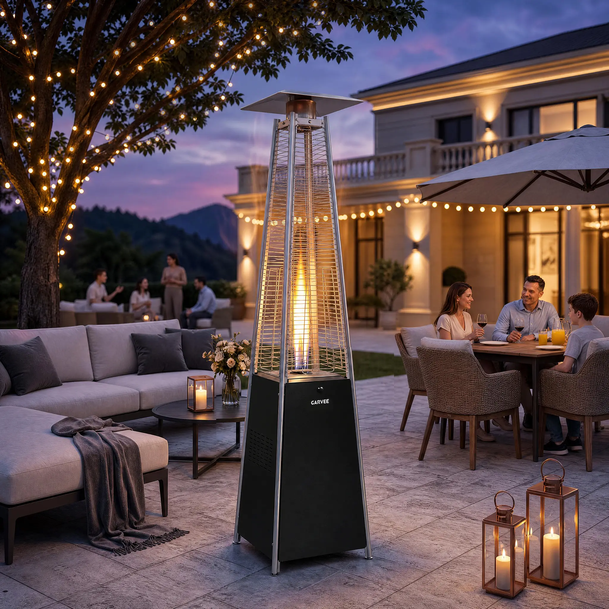 Garvee 48,000 BTU Pyramid Propane Patio Heater, Freestanding Outdoor Gas Heater - Glass Tube Flame - Wheels - Adjustable Heat & Battery Ignition - Includes Waterproof Cover (US Spec)