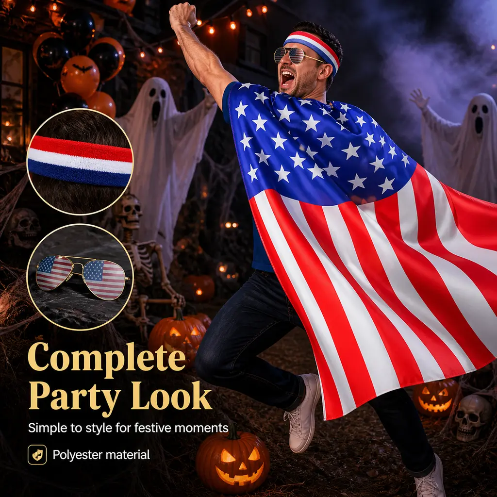 Men's 3-Piece Patriotic Cape Cosplay Costume Set - 100% Smooth Polyester Fabric, Includes Tie & Sunglasses, for Halloween, Independence Day Events