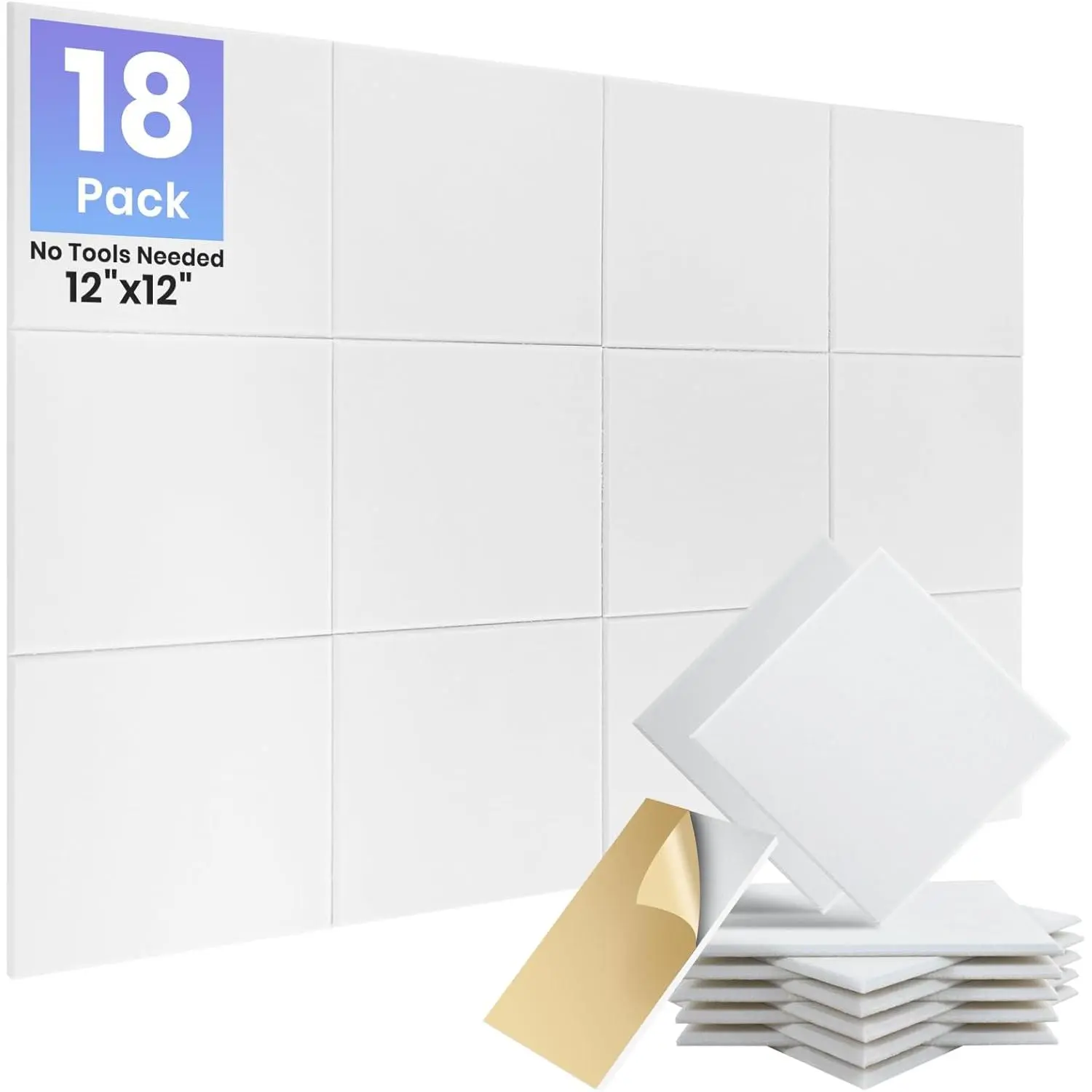 18 Pack Sound Proof Panels for Walls, Self-Adhesive Acoustic Panels Sound Absorbing, 12" X 12" X 0.4" High Density White Square Soundproof Wall Panels