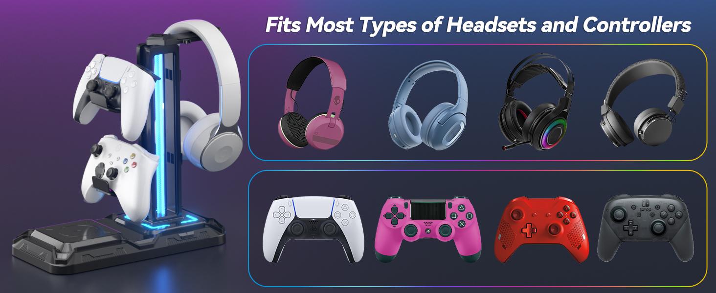 STANDARD GOODS GJ     P-CPS019    Headphone & Controller Stand with Wireless Charging - Rotatable Headset Stand with 9 Light Modes - Controller Holder with 2 USB and Type C Ports - for Gamers Desktop Accessories