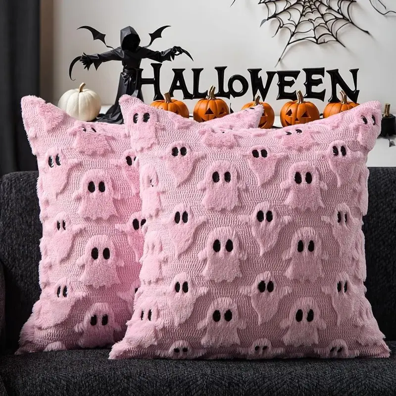 2‑Pack 18x18 in Faux Fur Cushion Covers, Pink Embroidered Ghost Motif Plush Pillow Cases, Original Halloween Home Couch Decor