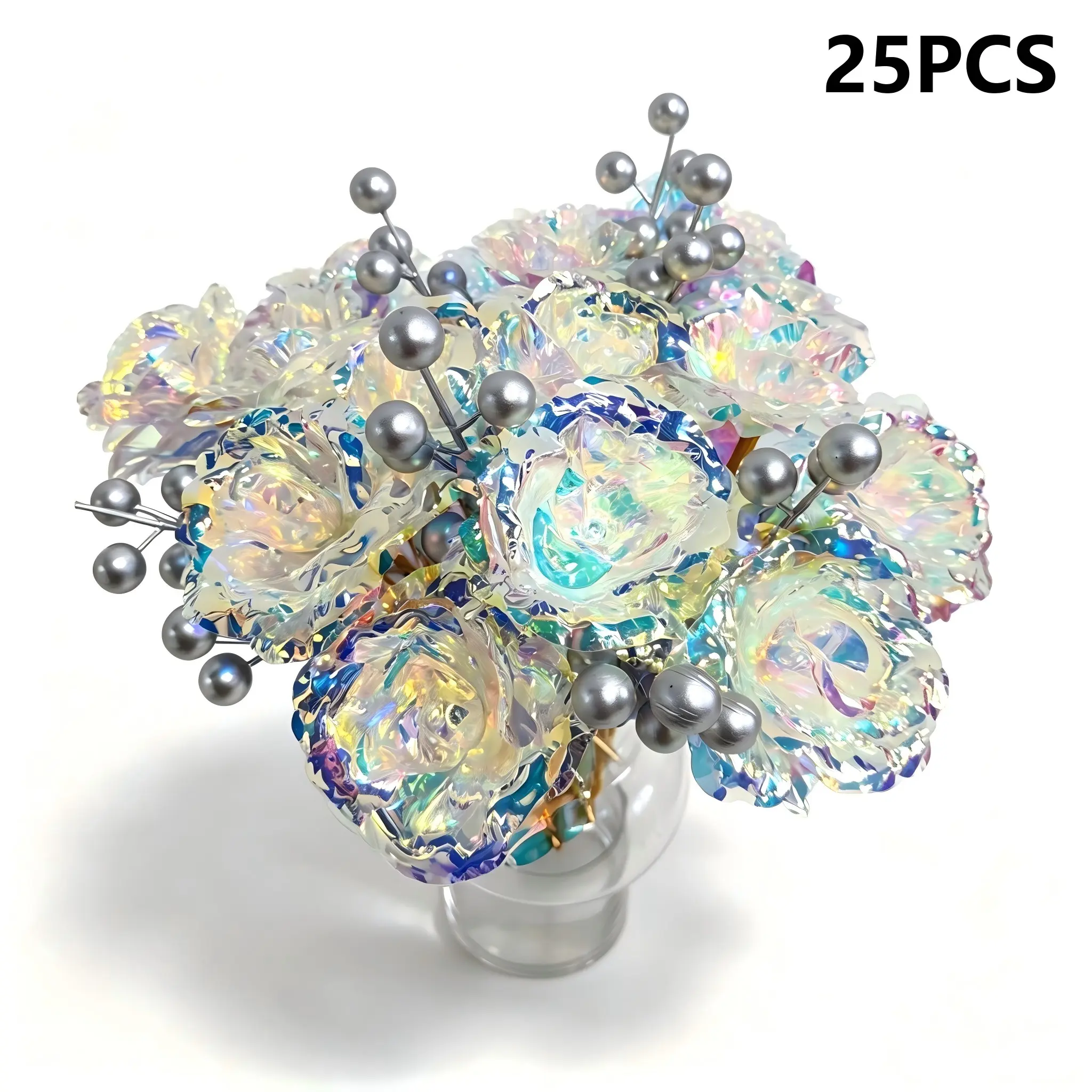 25pcs Artificial Crystal Preserved Roses with Silver Color Berry Branches, Elegant Home Decor, Decorative Flowers, Wedding Gift, Mother's Day Decoration