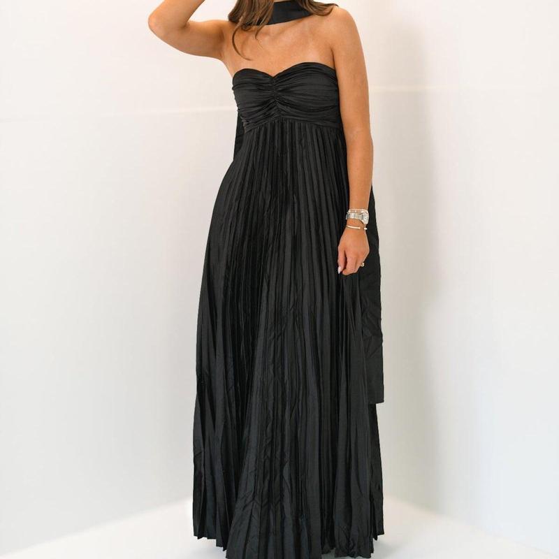 Women Long Dress Solid Color Pleated Tube Dress Summer Fashion Backless Casual Strapless Dress with Choker Scarf Light Polyester