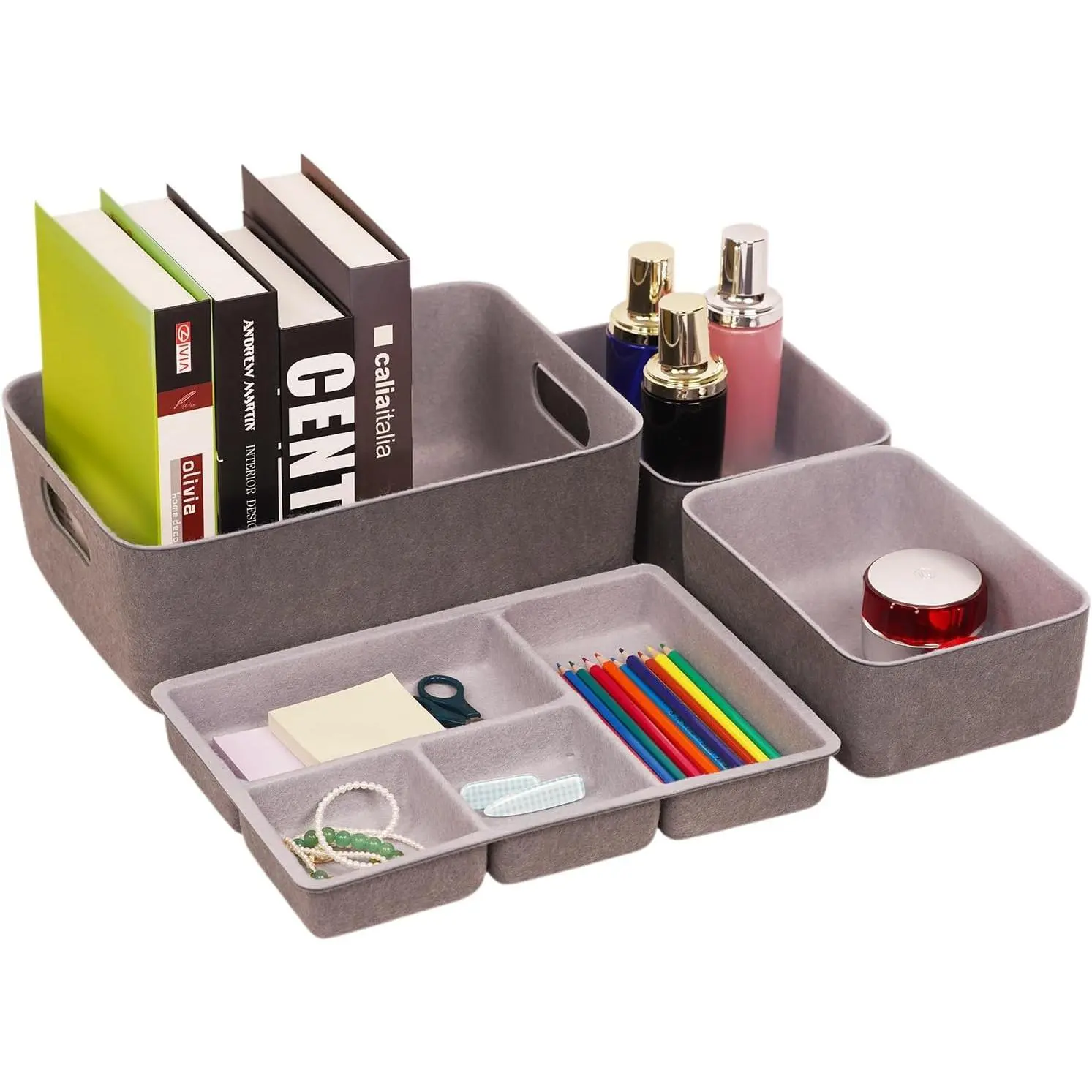 4-in-1 Felt Drawer Organizer Set | Large Capacity Tray with  Dust Cover for  Storage (Dark gray + Light gray)