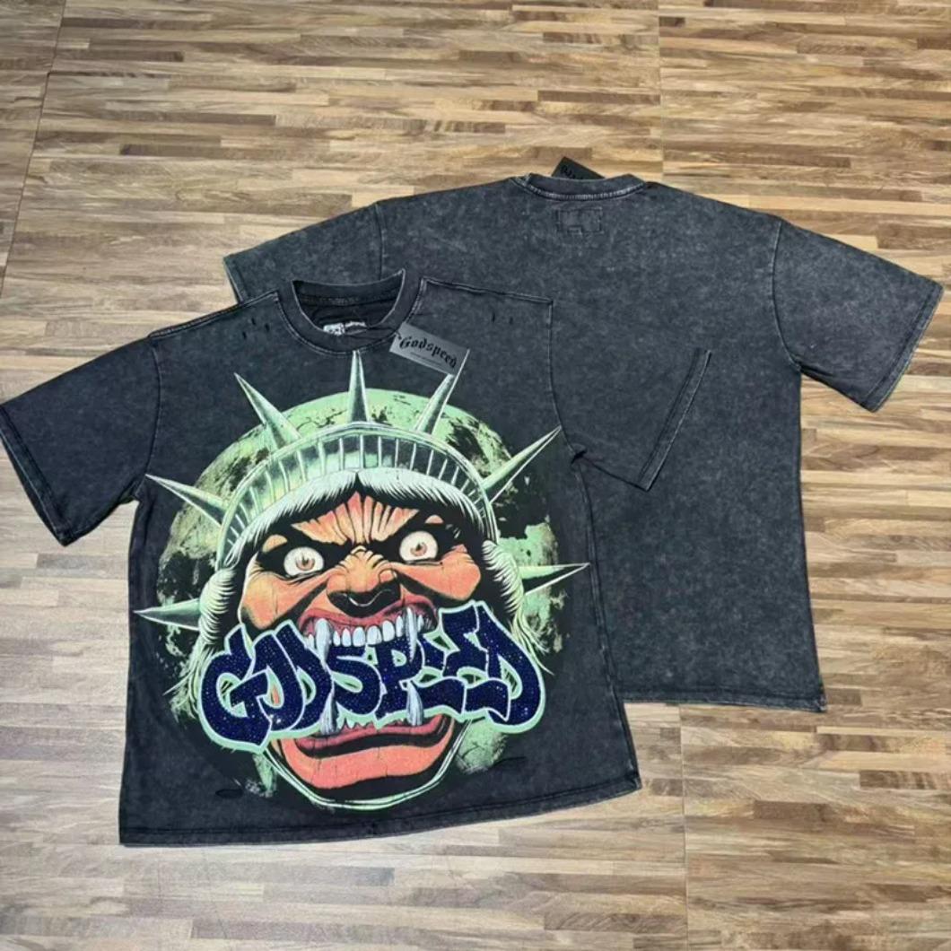 Real Photo Original Label Ripped Hot Drill Godspeed Short Sleeves T Shirt American Cotton Vintage Washed Rhinestone Bling Oversized Loose Unisex Round Neck Streetwear Hip Hop Y2K Casual Tops Tees With Tags For Men Women