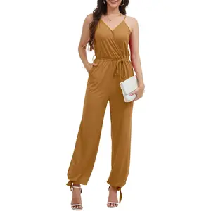 Women's V Neck Sleeveless Jumpsuits Casual Loose Adjustable Spaghetti Strap Split Long Romper with Pockets(Gift)