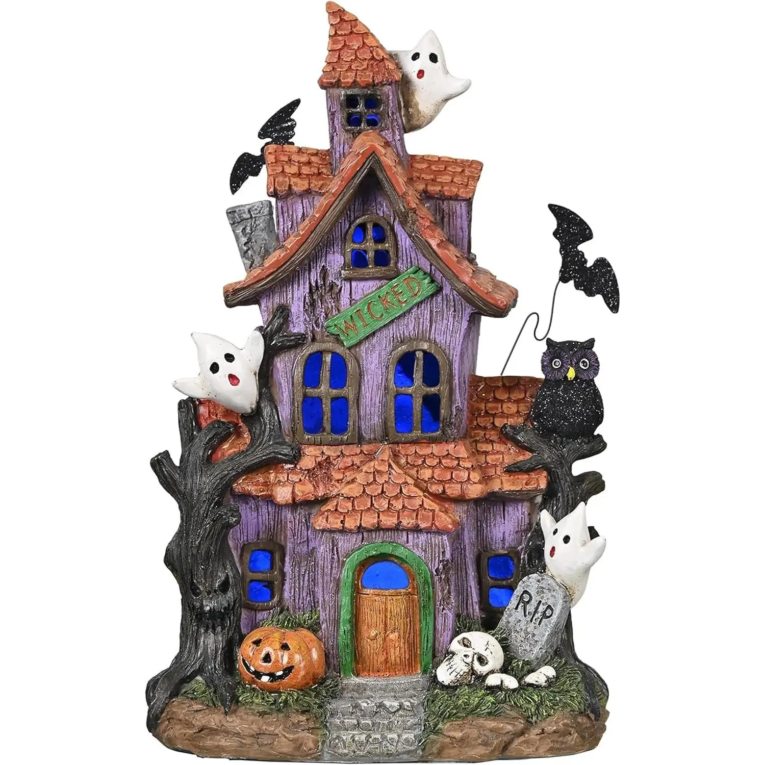 9-Inch LED Lighted Resin Halloween Village Houses, Spooky Haunted Town Decor with LED Lights, Party Decor for Home Table Desk Mantel