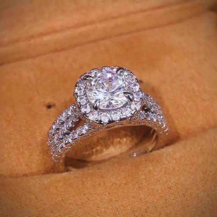 Micro-inlaid full diamond oversized zircon ring DDJZ0017, fashionable light luxury luxurious engagement diamond ring 14K Gold-Plated