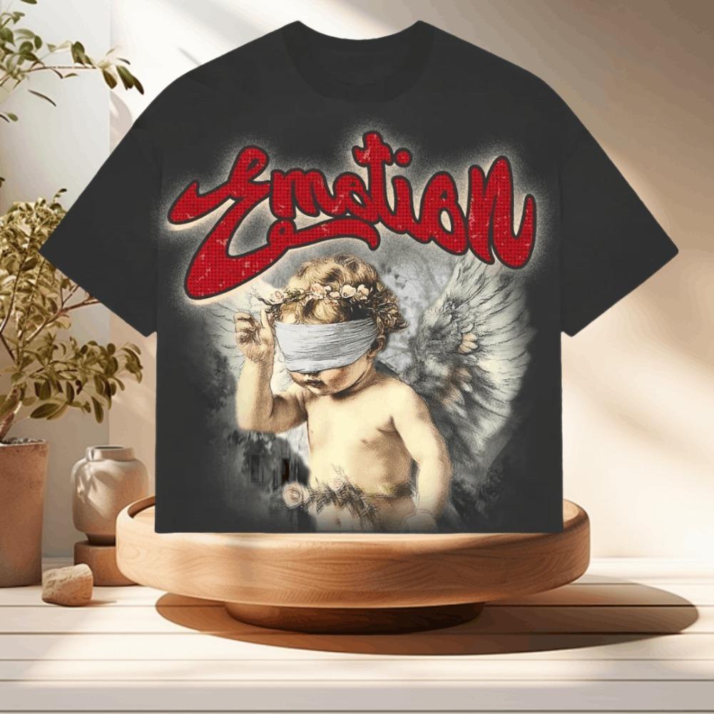 MIXED EMOTION Rhinestone Short Sleeve Black Mens Tshirts Streetwear Cotton Loose Round Neck Top Tees Oversized Unisex Y2K Graphic Casual Outdoor Summer Trendy Fashion