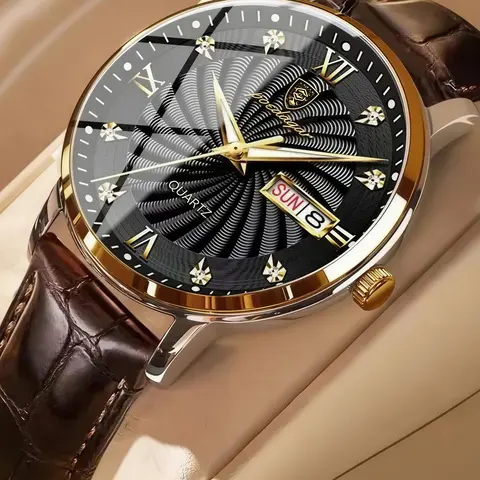 Men's Leather Strap Watch, Roman Numeral Dial, Luminous Hands, Day-Date Display, Stainless Steel Case, Quartz Movement, Waterproof Business Analog Wristwatch