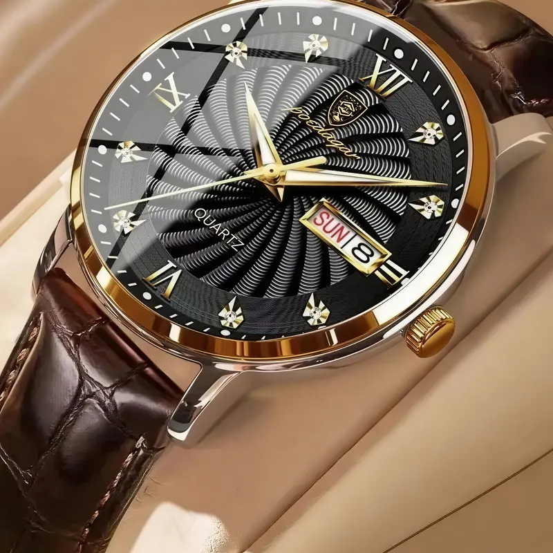 Men's Leather Strap Watch, Roman Numeral Dial, Luminous Hands, Day-Date Display, Stainless Steel Case, Quartz Movement, Waterproof Business Analog Wristwatch