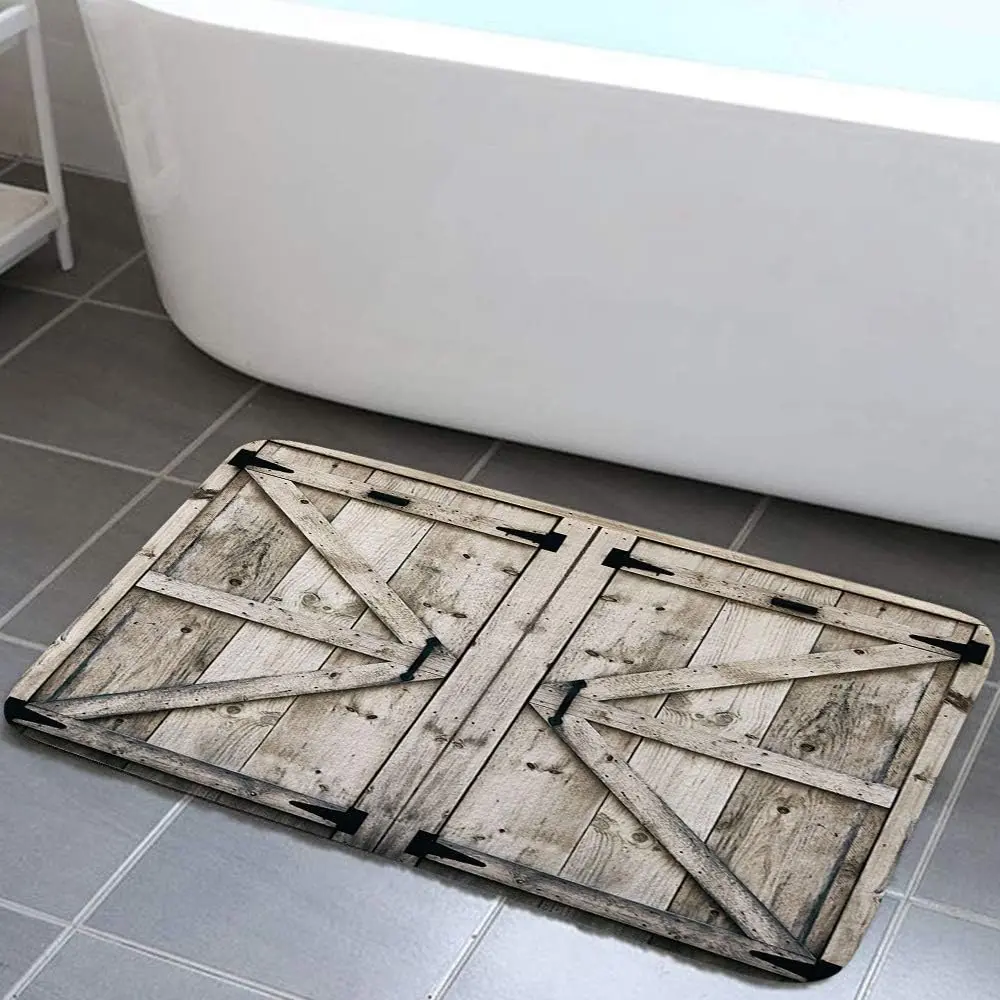 Flannel Floor Mat Rustic Wooden Vintage Wood Bath Rug, Garage Cabin Farmhouse Wooden Non-Slip Floor Entryways Outdoor Indoor Front Door Mat, Country Barn Door Bath Mat Bathroom Rugs, (17X29)