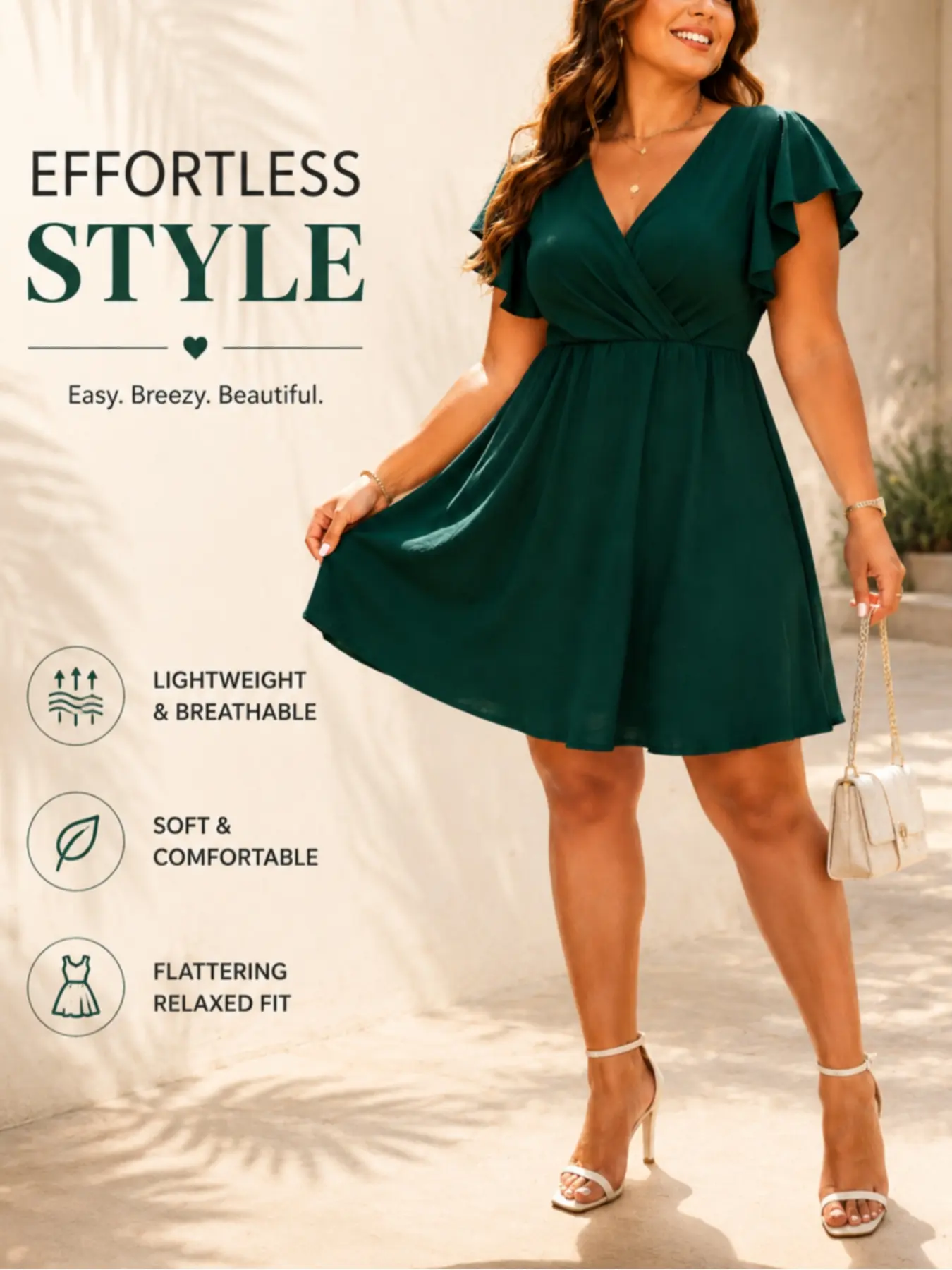 Plus Size Women's Deep V Neck Ruffle Sleeve Dress, Casual Wear, Summer Commute Date Vacation Versatile Waist Cinched a Line Short Skirt
