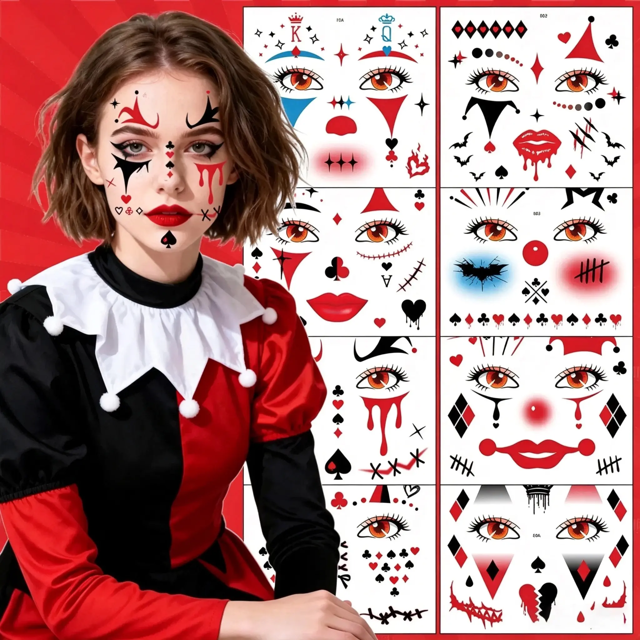 8Pcs Halloween Joker Face Temporary Tattoos, Waterproof Poker Spade Heart Pattern Clown Face Stickers, Easy‑to‑Apply Fake Makeup Decals for Cosplay Carnival Party