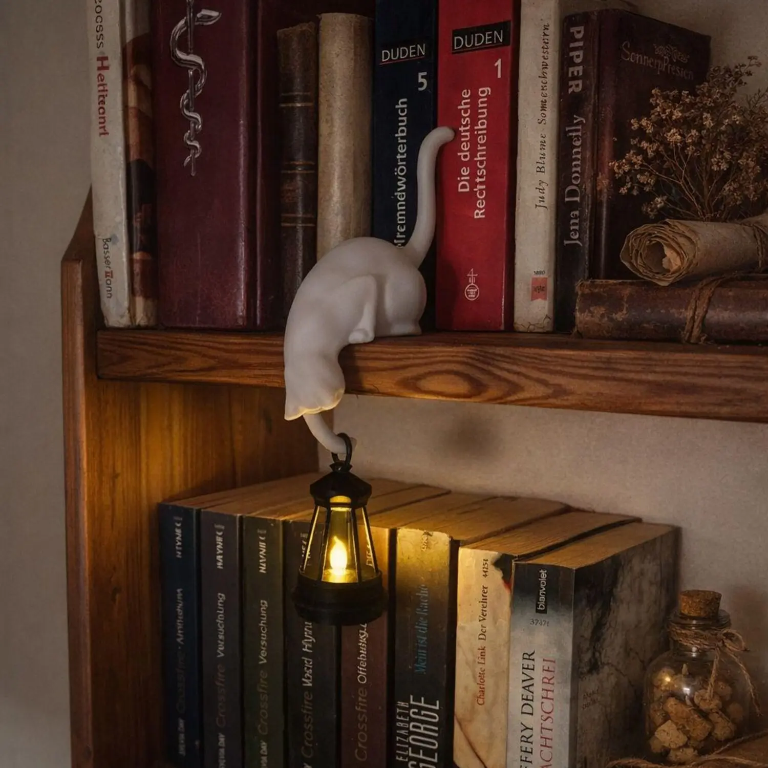 Cat with Lantern Shelf Decor – 3D Printed Cat Figurine with LED Tealight Bookshelf Decor Cat – Gift for Cat Lovers Night Light Edge Decorative Home Ornament