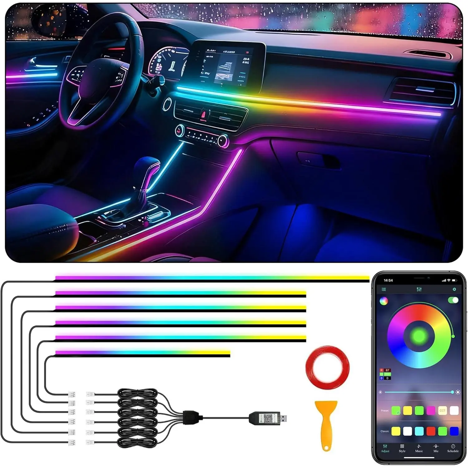Interior Car LED Strip Lights, RGB 6 in 1 Dynamic Dreamcolor Chasing Acrylic LED Lights for Car, USB Powered Ambient Lighting Kits with Wireless APP, Sound Active Function Car Neon Lights (6 in 1)