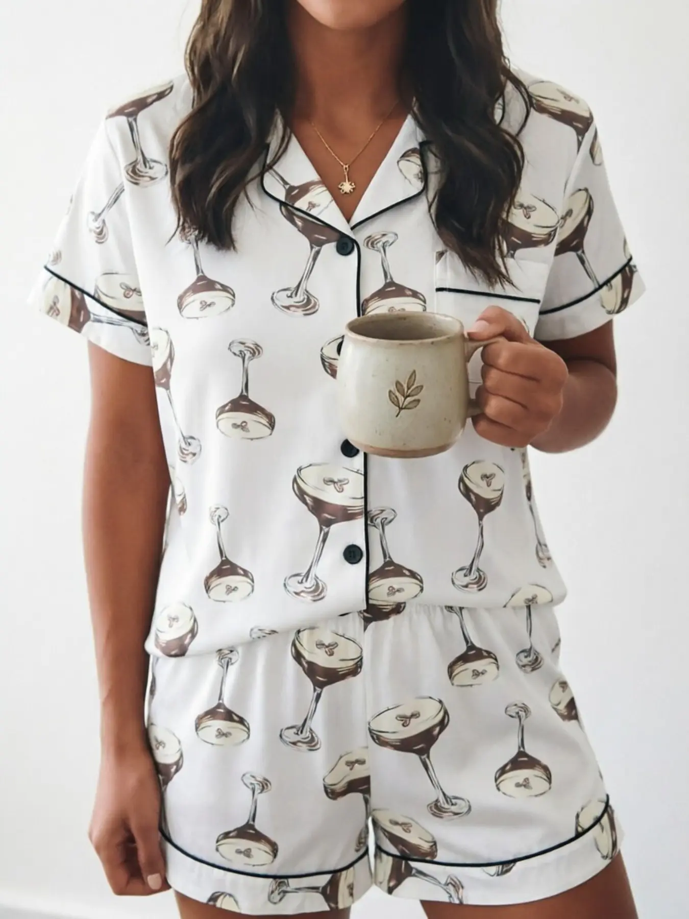 Two-Piece Fashion Wine Glass Print Women's Pajamas, Soft Comfortable Loose Fit Button Front Short Sleeve Top and Shorts Set, Loungewear and Homewear, Ladies Loungewear, Lounge Pajama Style, Nightwear