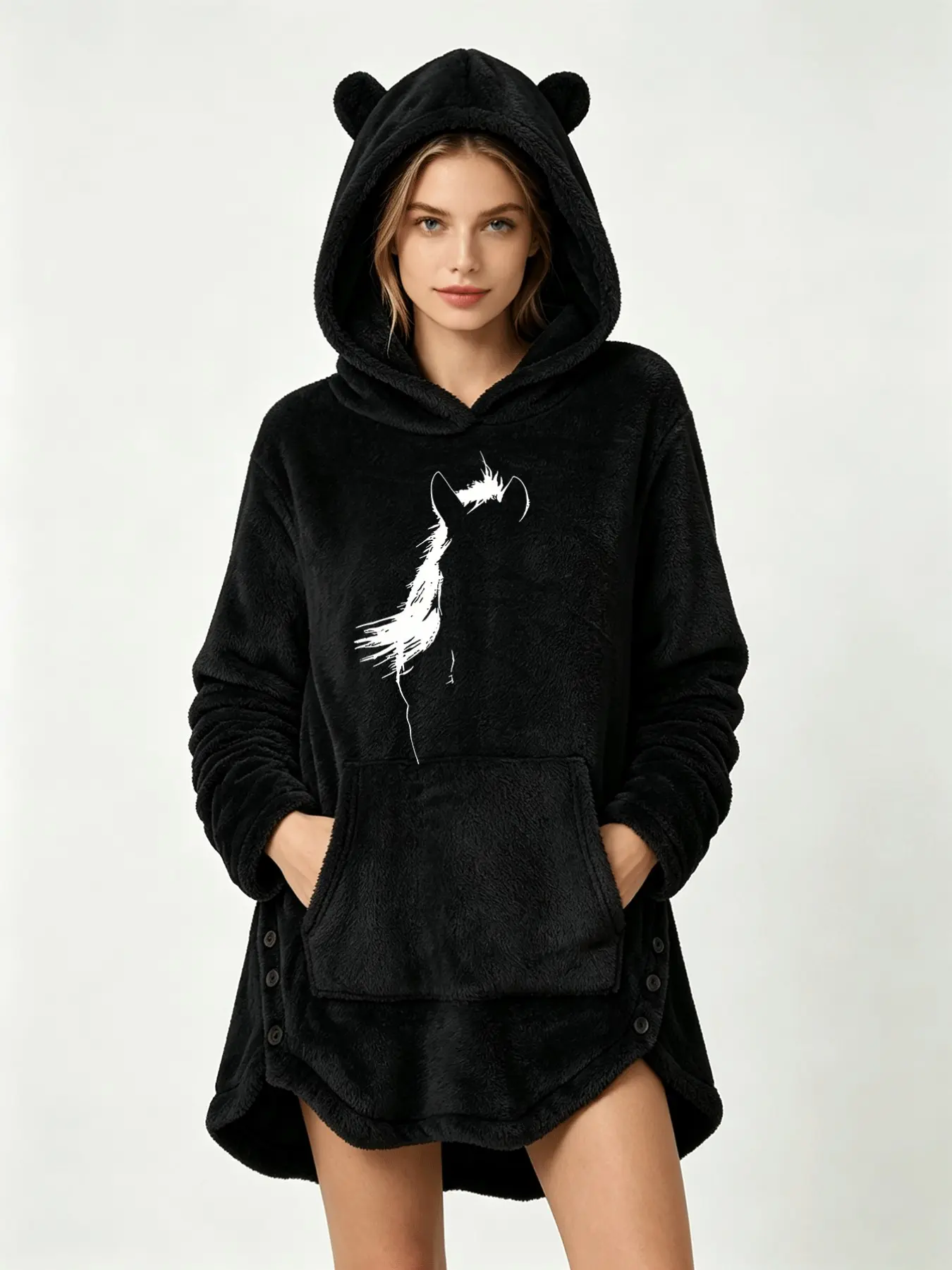 Y2K American Cool Plush Hooded Sleepwear, Hand-Drawn Horse Silhouette Trendy Pattern, Thick Long Sleep Robe, Fashionable Loose-Fit Apparel