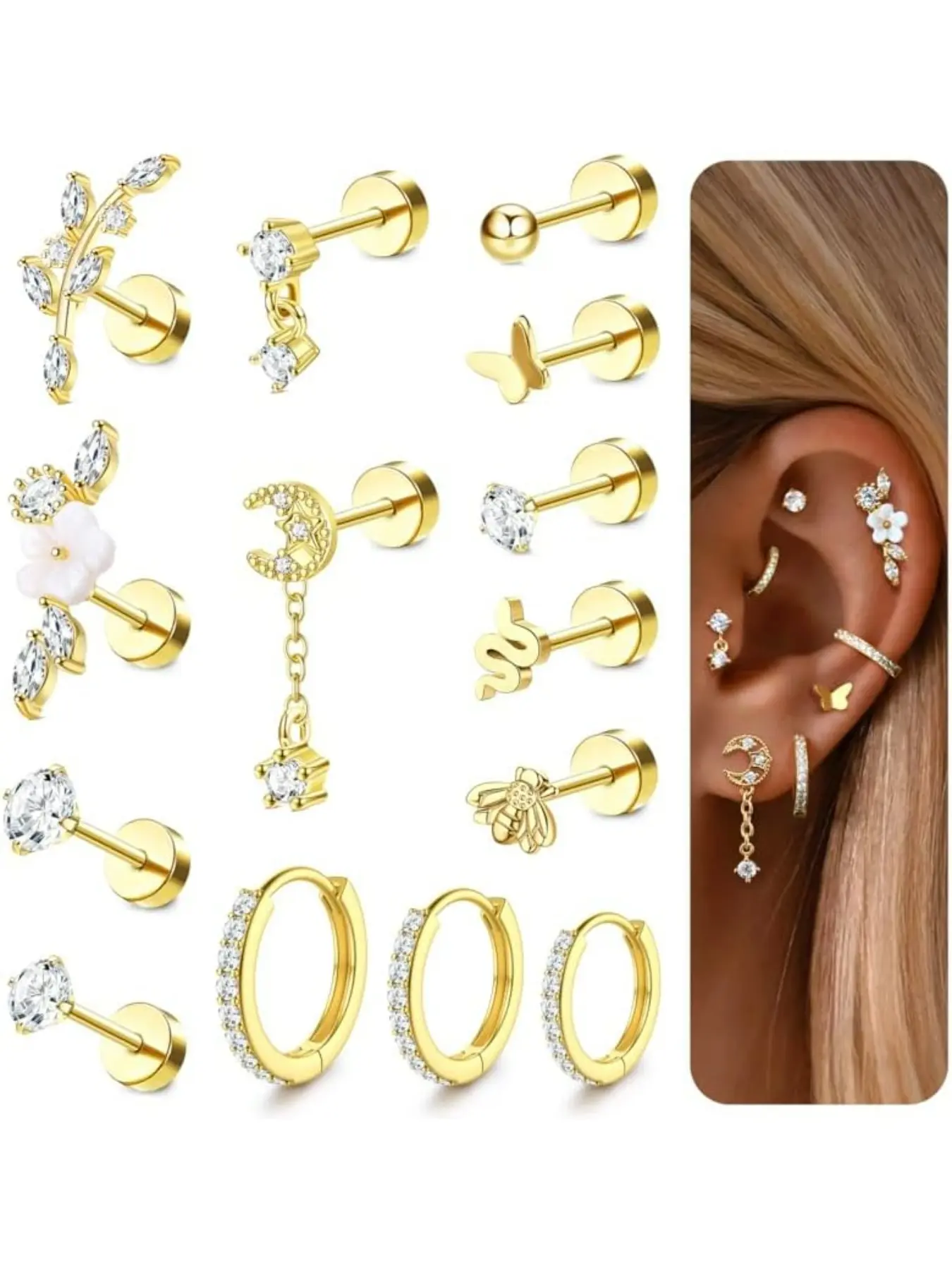 12/14Pcs 16G Helix Piercing Jewellery Surgical Steel Tragus Earrings Set Flat Back Earrings Stud Helix Hoop Cartilage Earring Conch Daith Tragus Piercing Jewellery Single PC