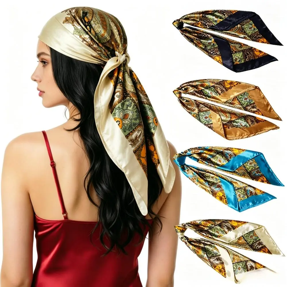 Women's Faux Silk Headscarf & Bag Charm, Classic Versatile 35-Inch Large Square Scarf, Generous Design for Everyday Use, Classic And Versatile Design, Synthetic, Breathable