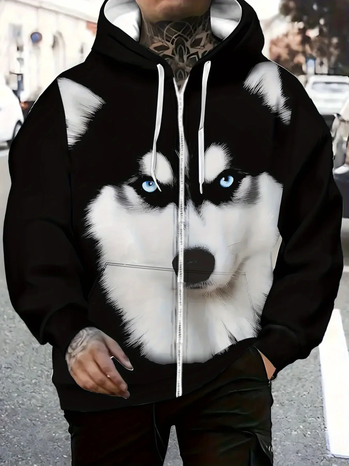 Husky Head Print Sweatshirt, Drawstring Zipper Hoodie, Street Fashion Casual Long Sleeve Top, Fall Winter Loose Fit