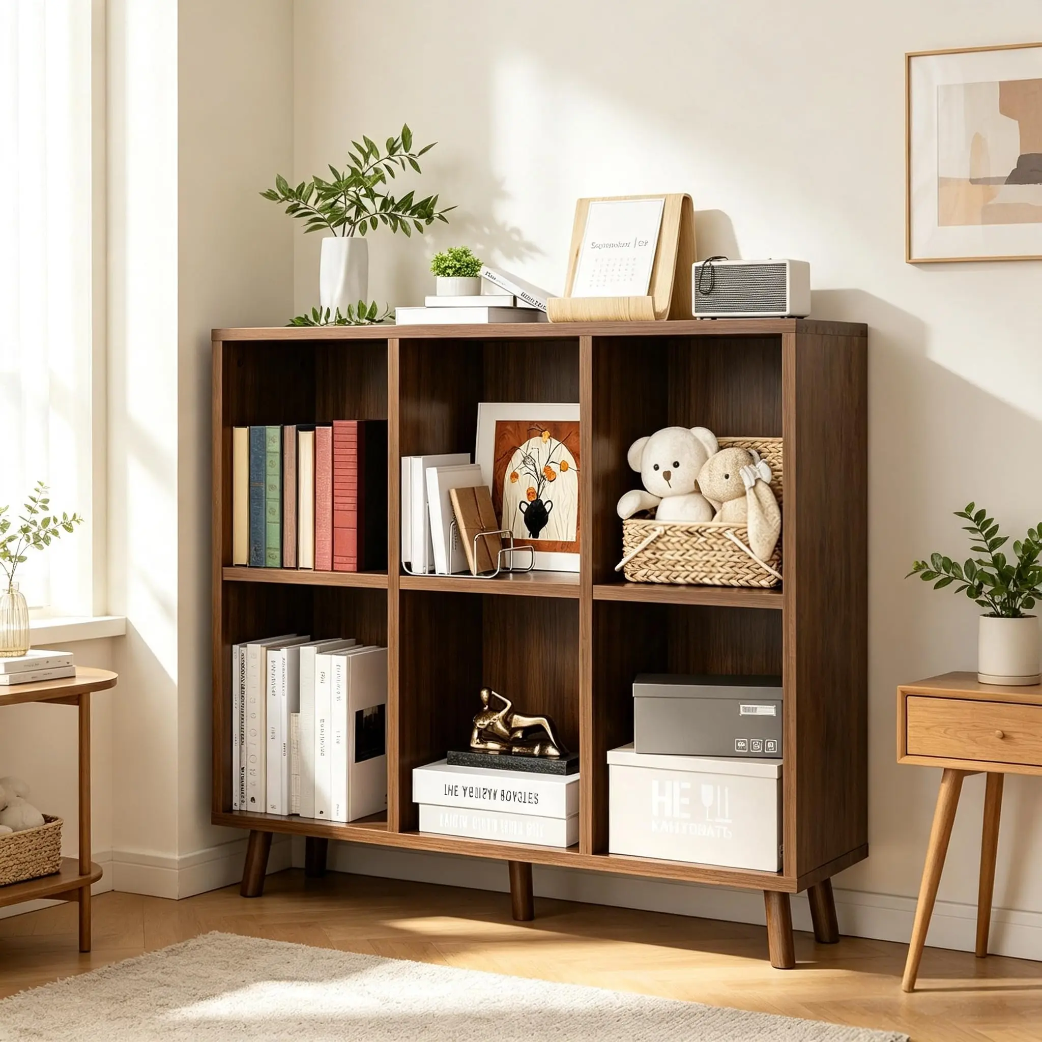6-Cube Open Wood Shelf - Low Height Office Furniture, Easy Install Decorative Storage Unit for Bedroom, Small Spaces