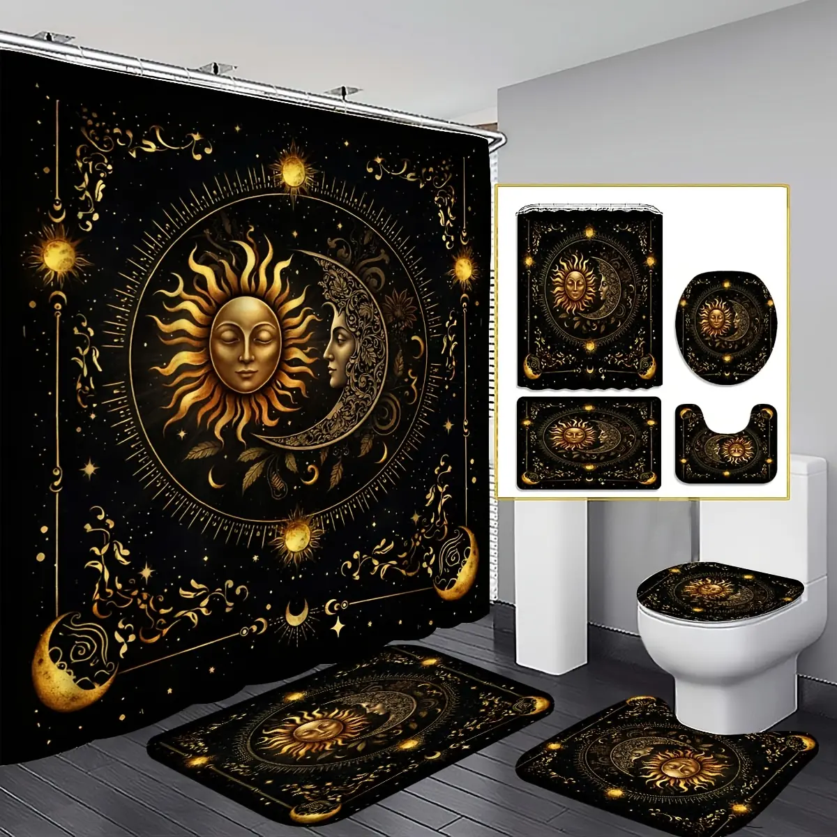 4PCS sun, moon and stars shower curtain set, black background gold sun and moon face astrology pattern printed bathroom decoration, bathroom accessories include bathroom floor mat, U-shaped mat, toilet cover mat, shower curtain with hook