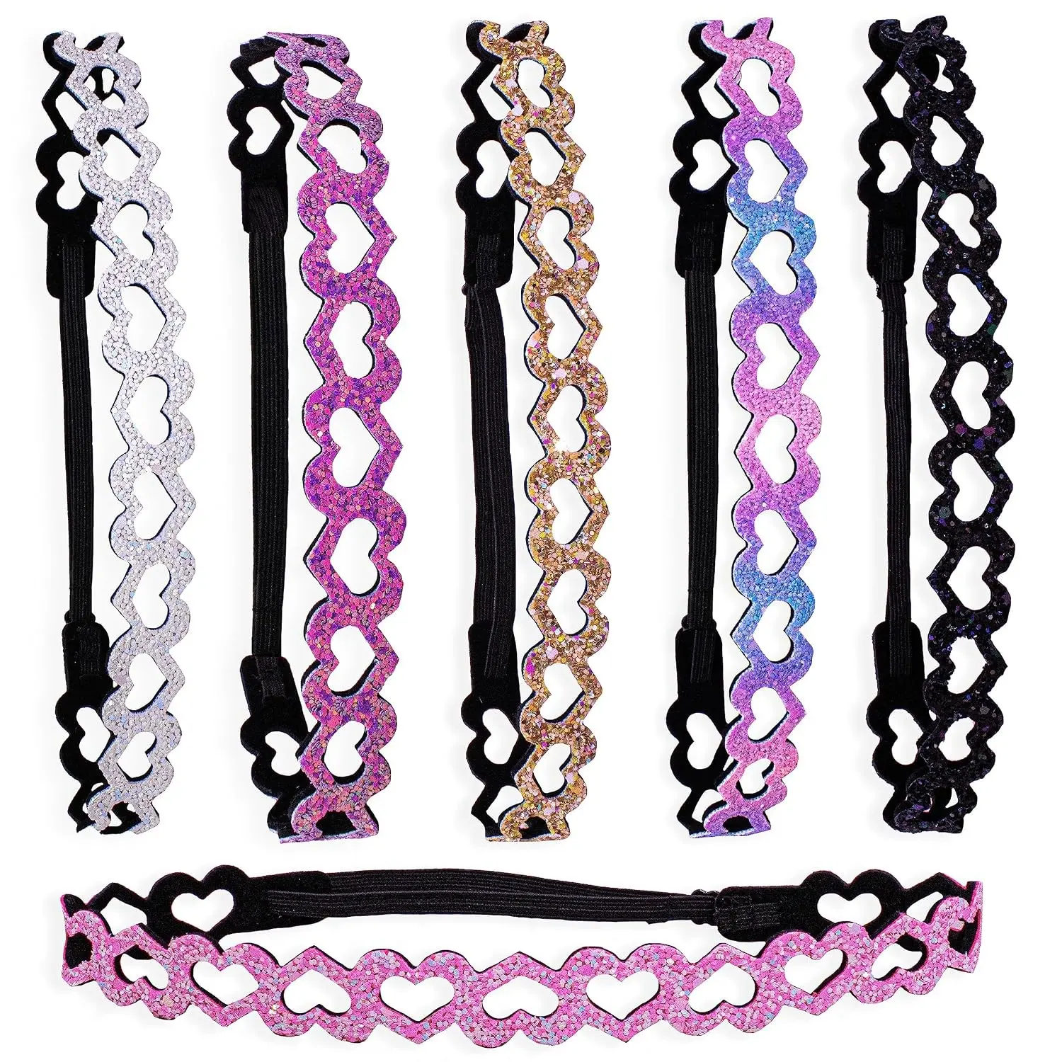 6 Glitter Heart Zig Zag Headbands for Girls, Adjustable Non Slip Thin Elastic Hair Bands, Sparkly Kids Hair Accessories, MulticolorGift