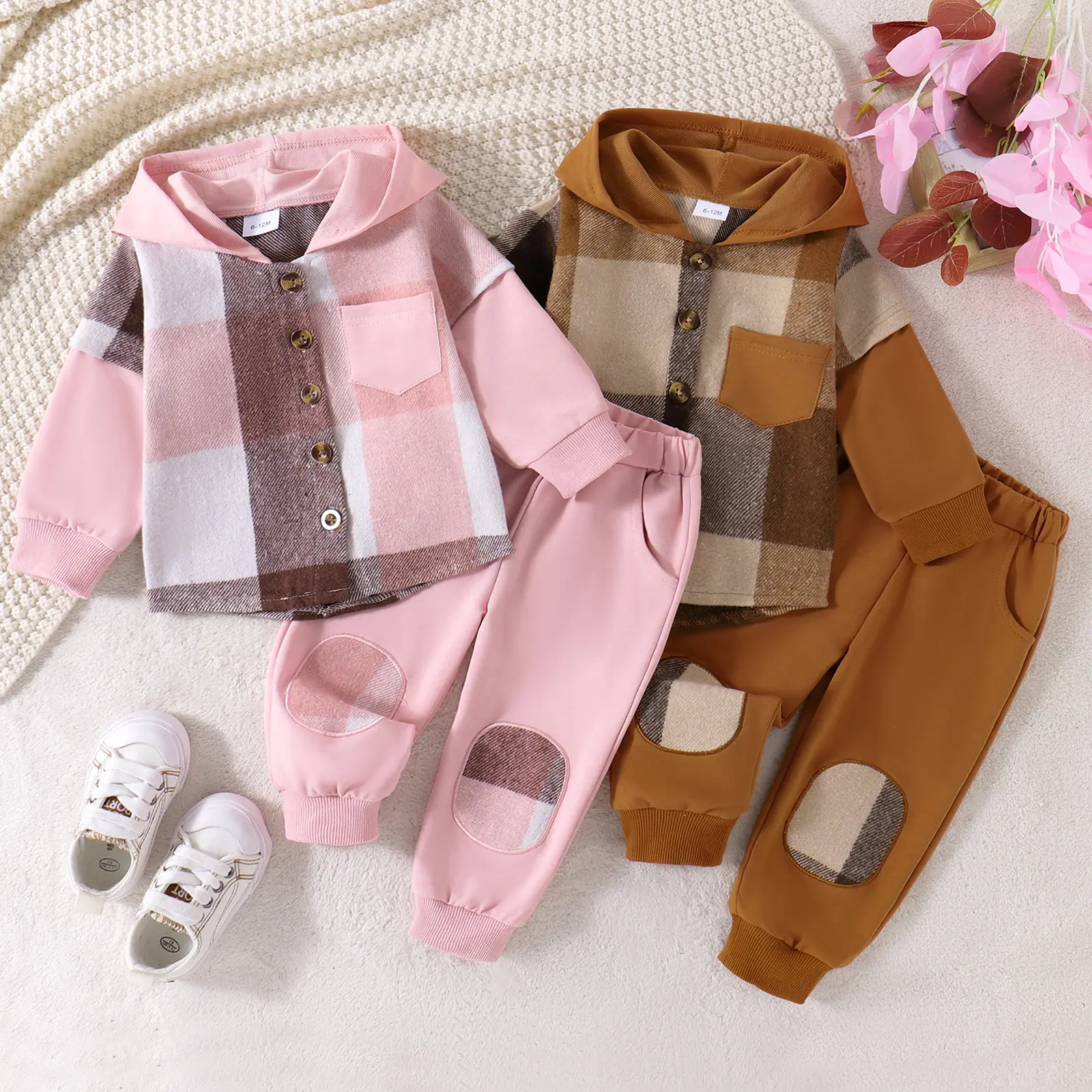 Toddler 2-Piece Hoodie Sweatsuit Set (Polyester), Long Sleeve Sweatshirt & Jogger Pants for 12-18 Months/2-3 Years, 1 Outfit with 15.75 cm Details, Fall Winter Outdoor Baby Clothing Gift Set, Hoodie Outfit, Breathable, Cotton Blend, Contrast Plaid, Button