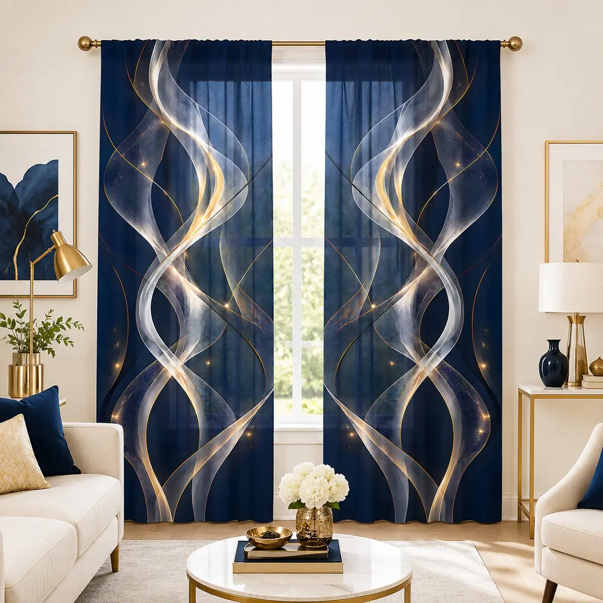 2pcs Navy blue and gold-gilded semi-blackout curtains featuring a fluid ribbon design; a modern, understated luxury style with a sheer, airy feel, starlight wave prints, and polyester fabric—suitable for bedrooms, kitchens, studies, cafés, and more.