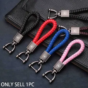 Car Logo Metal Leather Braided Rope Keychain, Universal Car Key Holder for Fiat Punto Abarth 500 Stilo Ducato Palio Bravo Doblo, Car Accessories