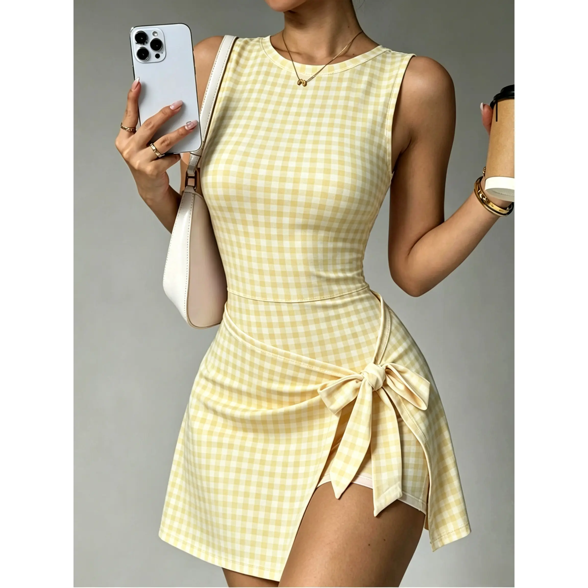 Women's Gingham Sleeveless Round Neck Tennis Skort Dress, Wrap Tie Waist Built In Anti Exposure Shorts, Slim Bodycon Mini Athletic Dress for Yoga Golf Running Daily Workout