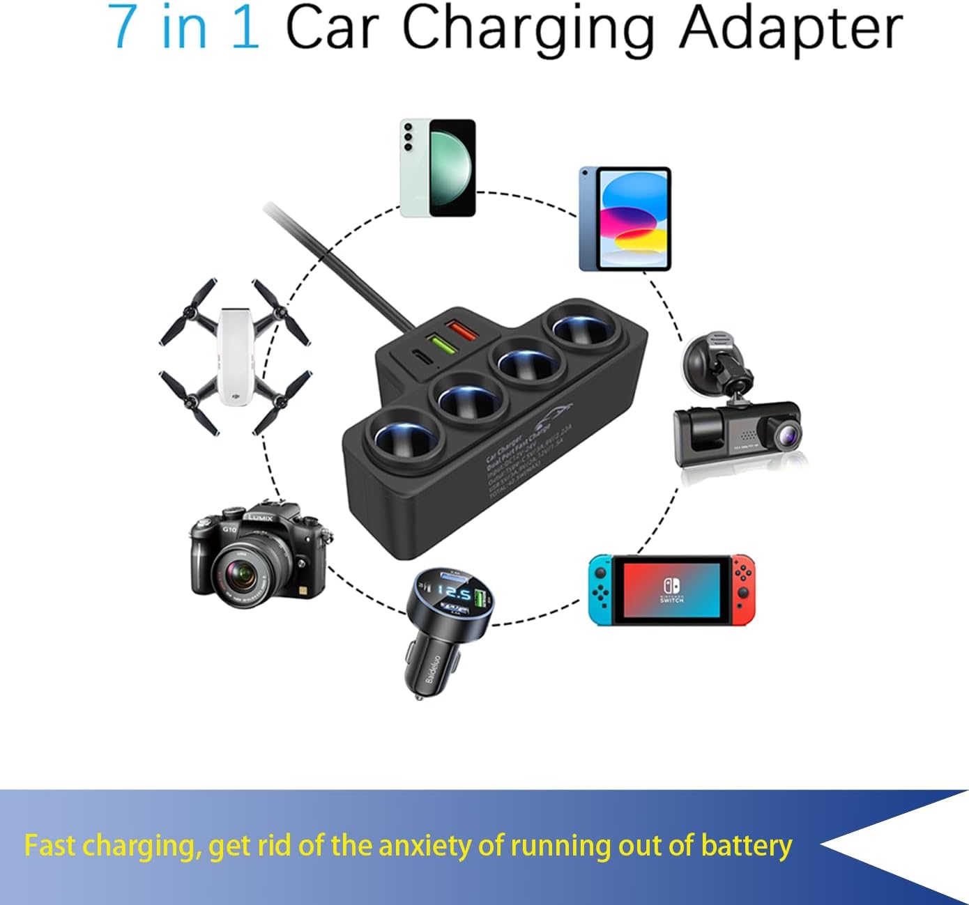120W Multi-Function Cigarette Lighter Splitter, Cell Phone Car Charger, 4 Cigarette Lighter Sockets, 1 PD Fast Charger Port 2-Port USB Power Adapter for Cell Phones Adapter