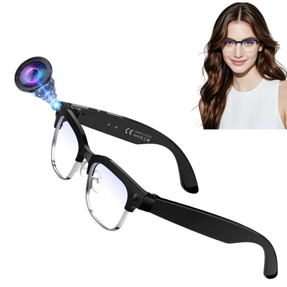 Bluetooth Smart Glasses with Camera, 8MP Anti-Shake Camera,  1080P Video Recording,4GB Memory Build-in,AI Real Time Translation,TP Flexible Frame,35G Lightweight ,290Mah Battery, IP66 Waterproof