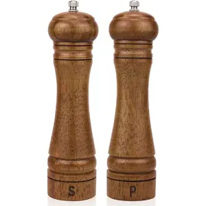 XWXO Wood Salt and Pepper Grinder Set, Salt Mill Pepper Grinder Set, Pepper Mill, Salt Shakers with Adjustable Ceramic Rotor- Oak Wood Pepper Grinder for Your Kitchen 8 inches - Pack of 2