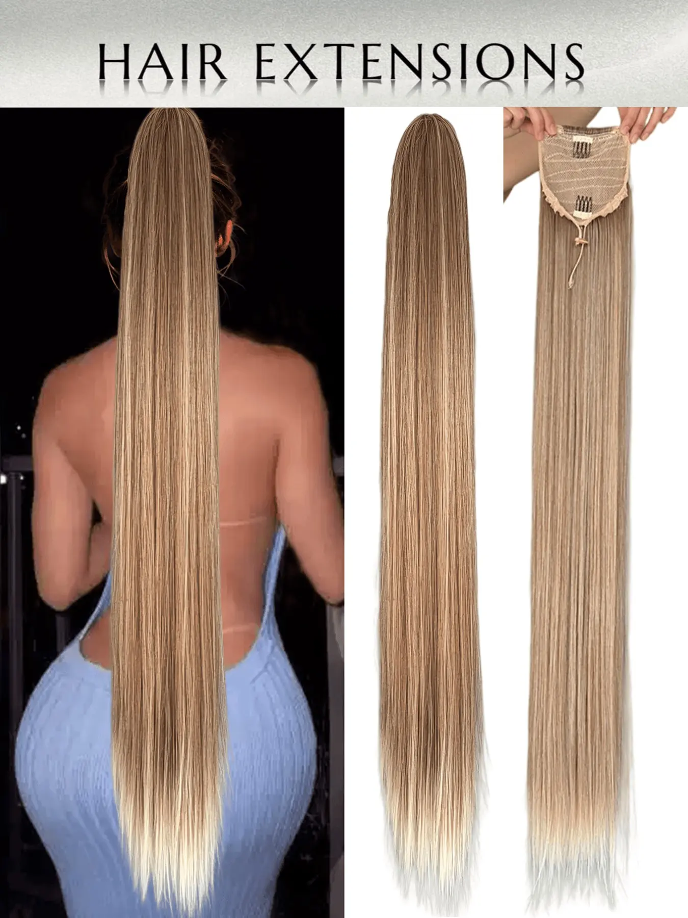 38INCH gold hair extensions synthetic long straight drawstring ponytail, suitable for women's clip style , black blonde natural wig, Synthetic Fiber Extensions