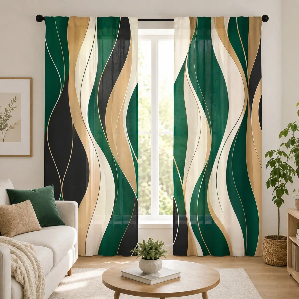 2pcs Abstract wavy-patterned semi-blackout curtains featuring a color-blocked design of dark green, black, and gold, accented with fine light-gold line prints; made of polyester and suitable for bedrooms, kitchens, studies, cafés, and more.