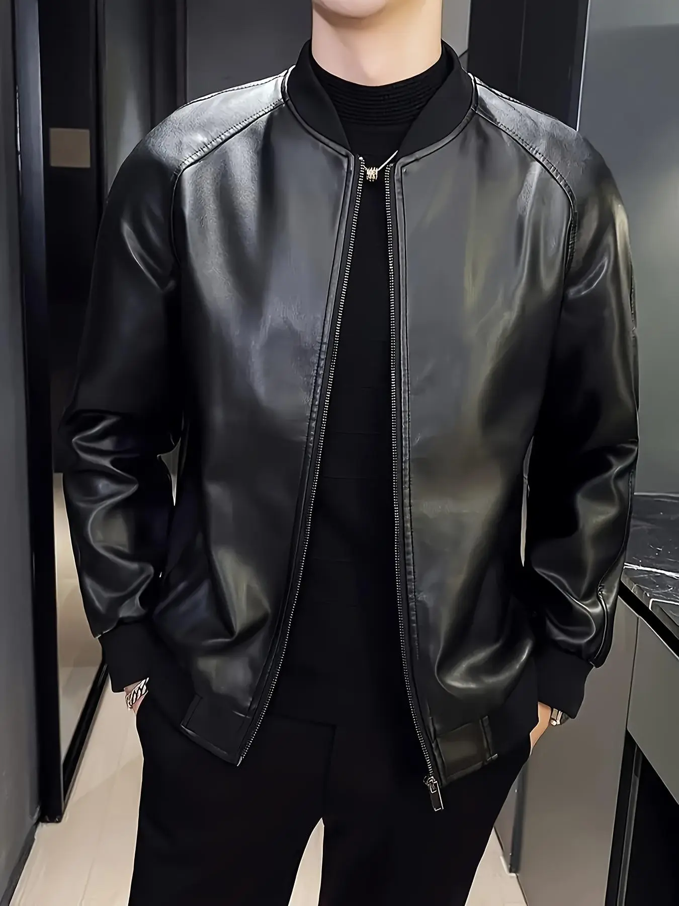 Men's Slim Fit Baseball Neck PU Jacket, Fall Winter Casual Windproof Versatile Leather Coat, Stylish Outerwear for Men