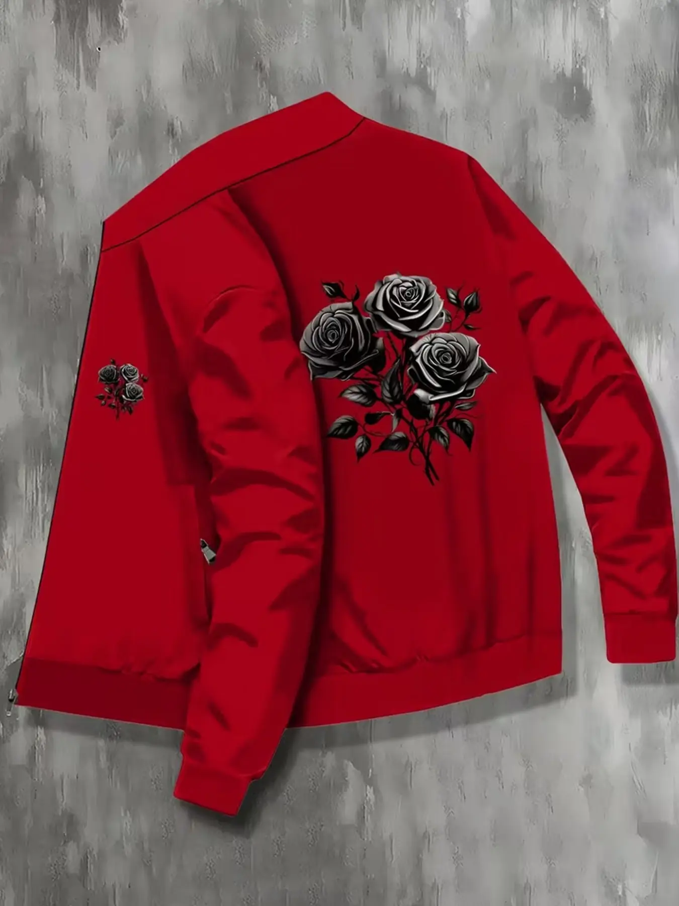 Men's All-Season Stand Collar Long Sleeve Jacket, Vintage Rose Floral Print, Unlined, Fitted, Perfect Gift, Casual Style, Polyester Fiber