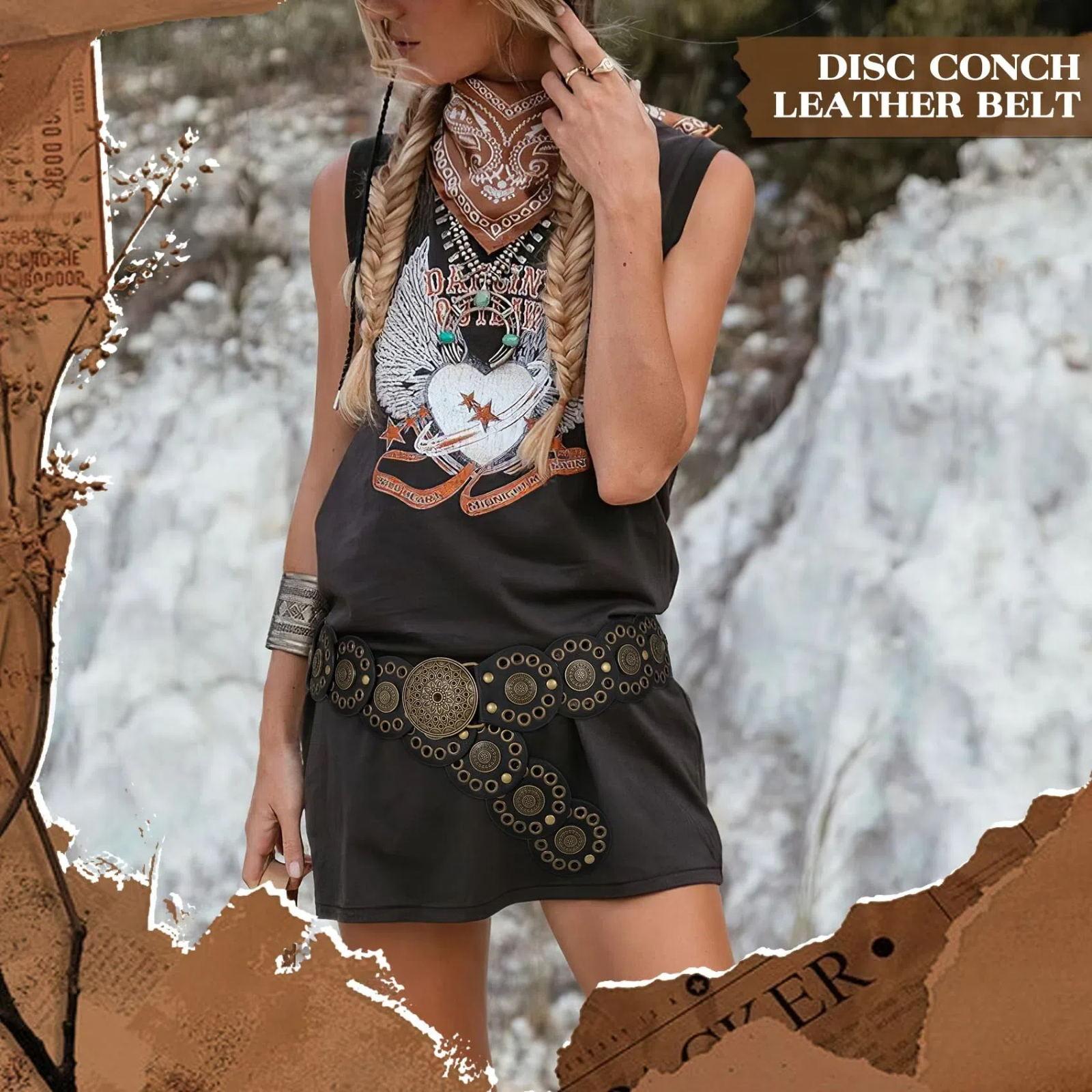 XZQTIVE Western Belts for Women Vintage Disc Waist Belts Concho Leather Belts Boho Waist Belt for Dress Jeans, Bronze Black